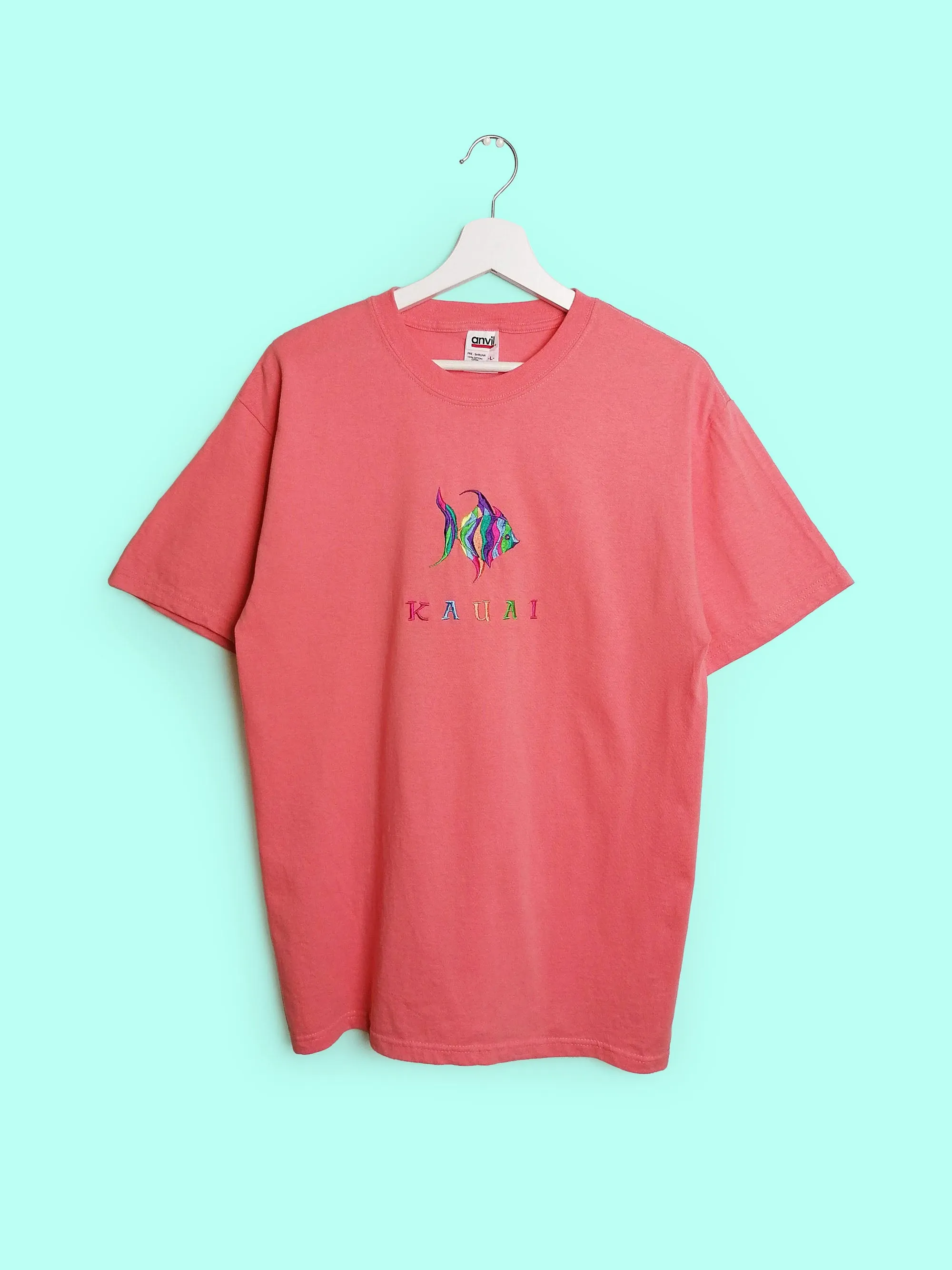 90's KAUAI Hawaii Tropical Fish Embroidery T-shirt - Size L