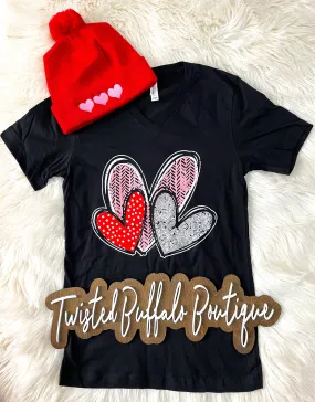 {ADORE YOU} Triple Pattern Hearts Black V-Neck Tee