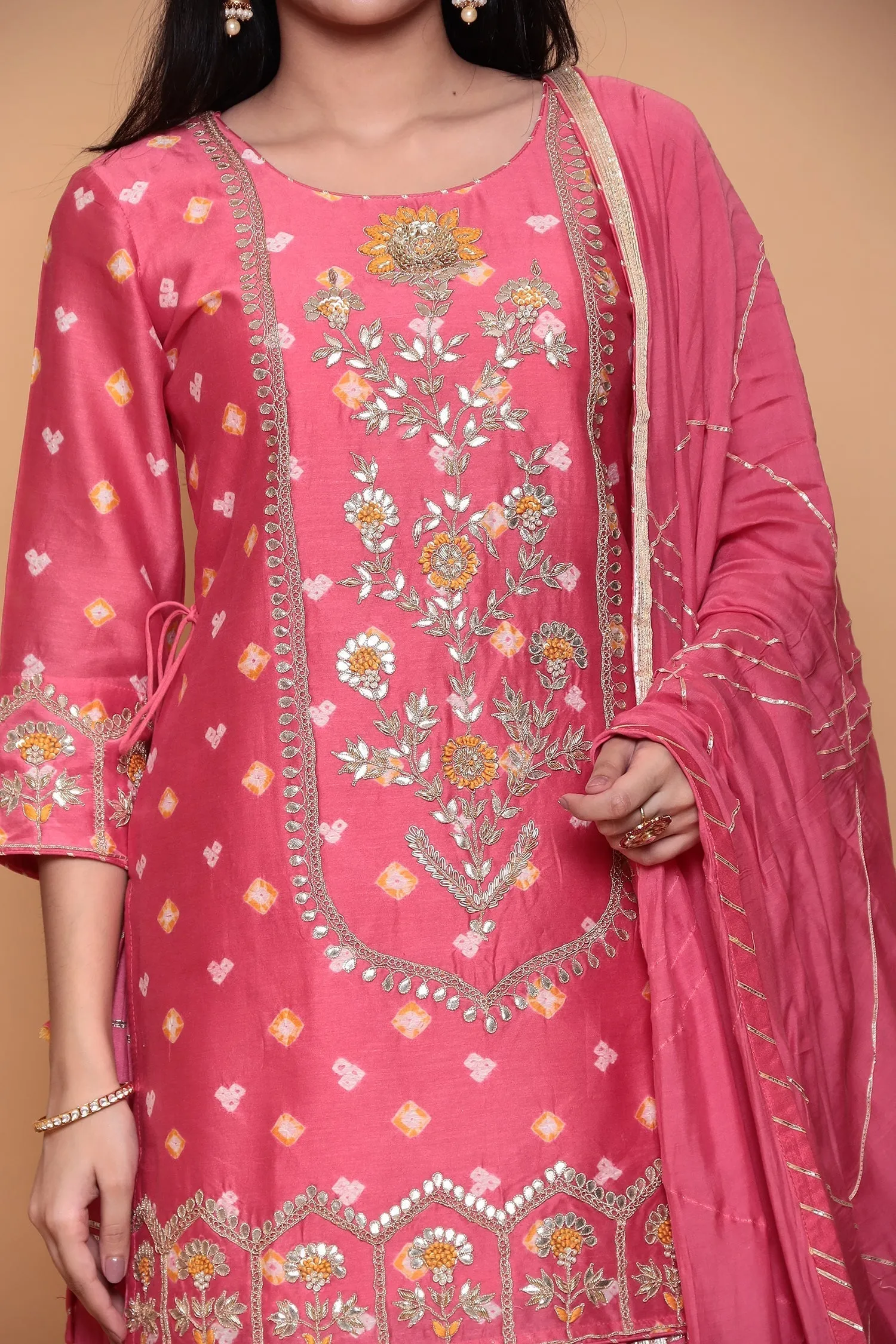 Bandhej Cotton Silk Suit with Gota Patti, Thread work.