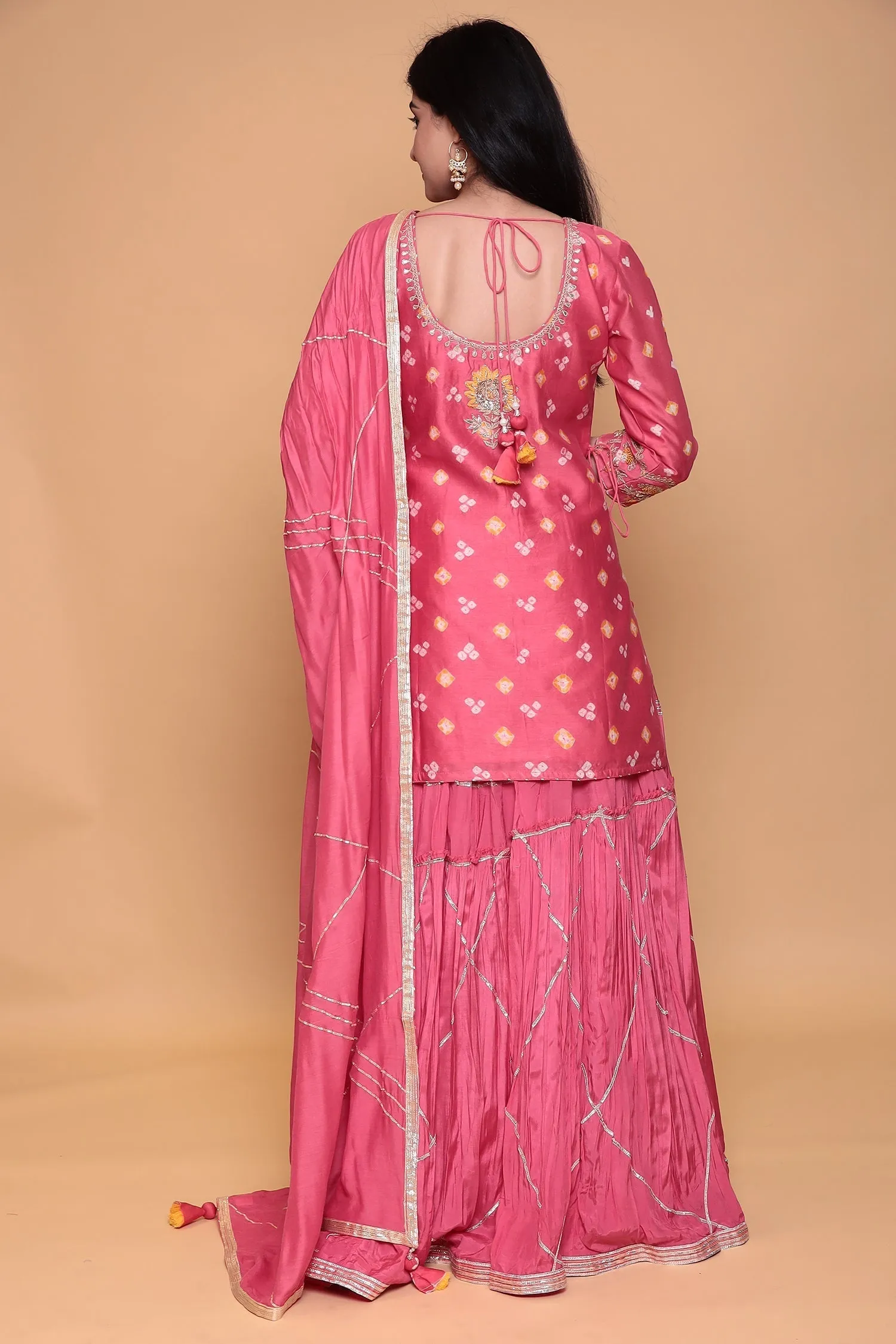 Bandhej Cotton Silk Suit with Gota Patti, Thread work.