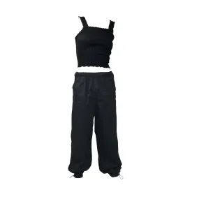 Black Ruffle Top & Black Parachute Pants