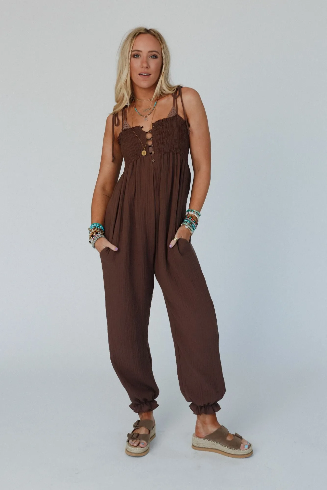 Casual Allure Smocked Jumpsuit - Brown