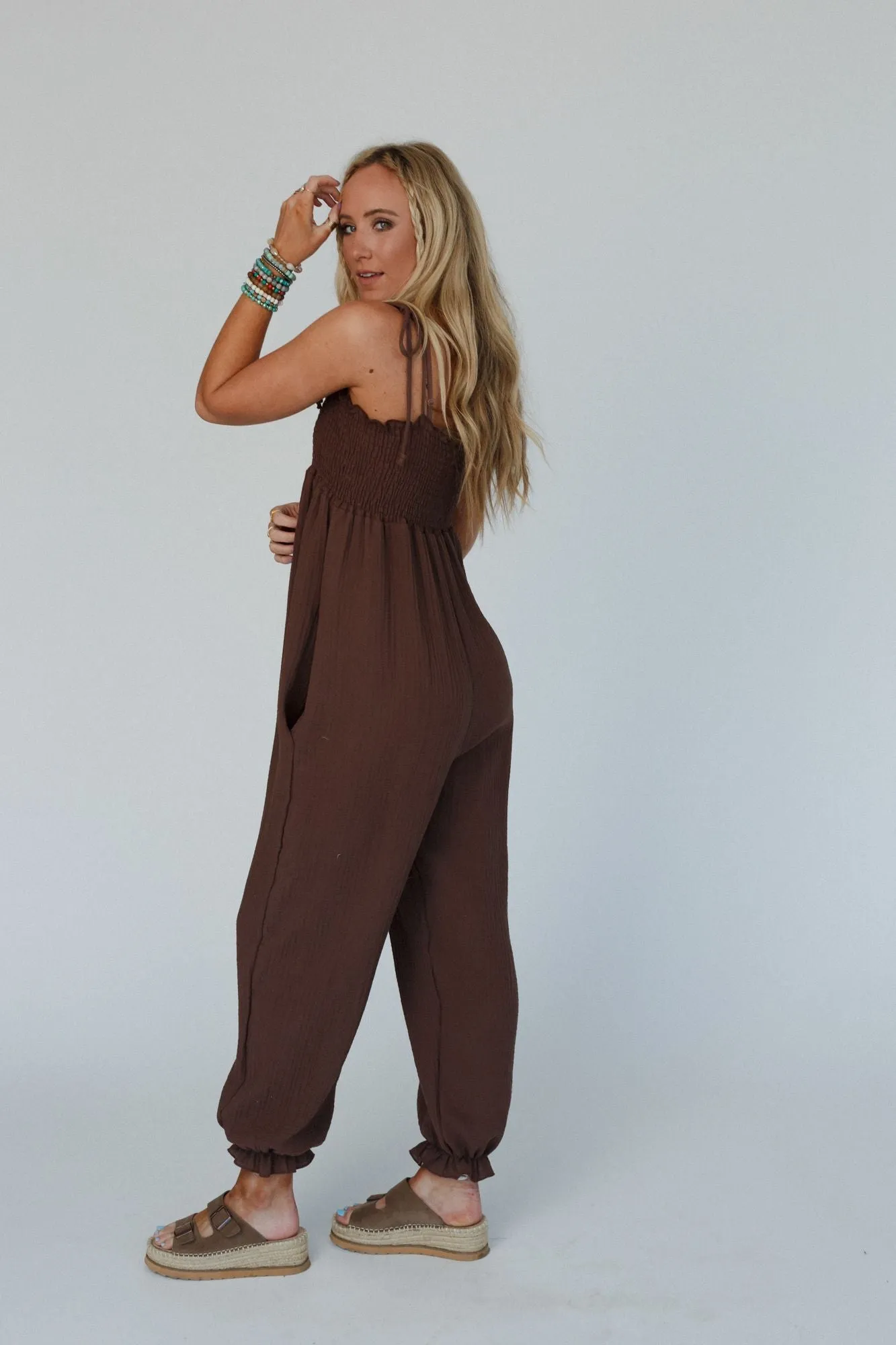 Casual Allure Smocked Jumpsuit - Brown