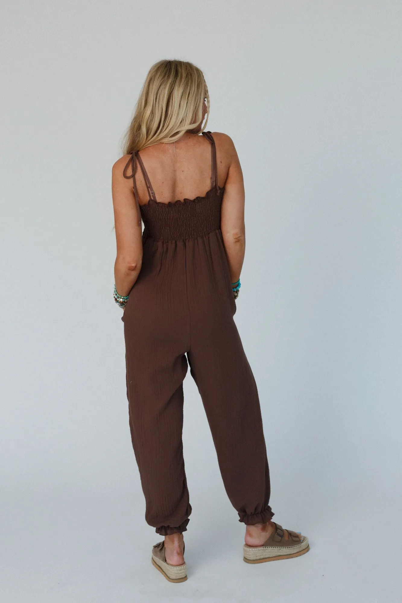 Casual Allure Smocked Jumpsuit - Brown