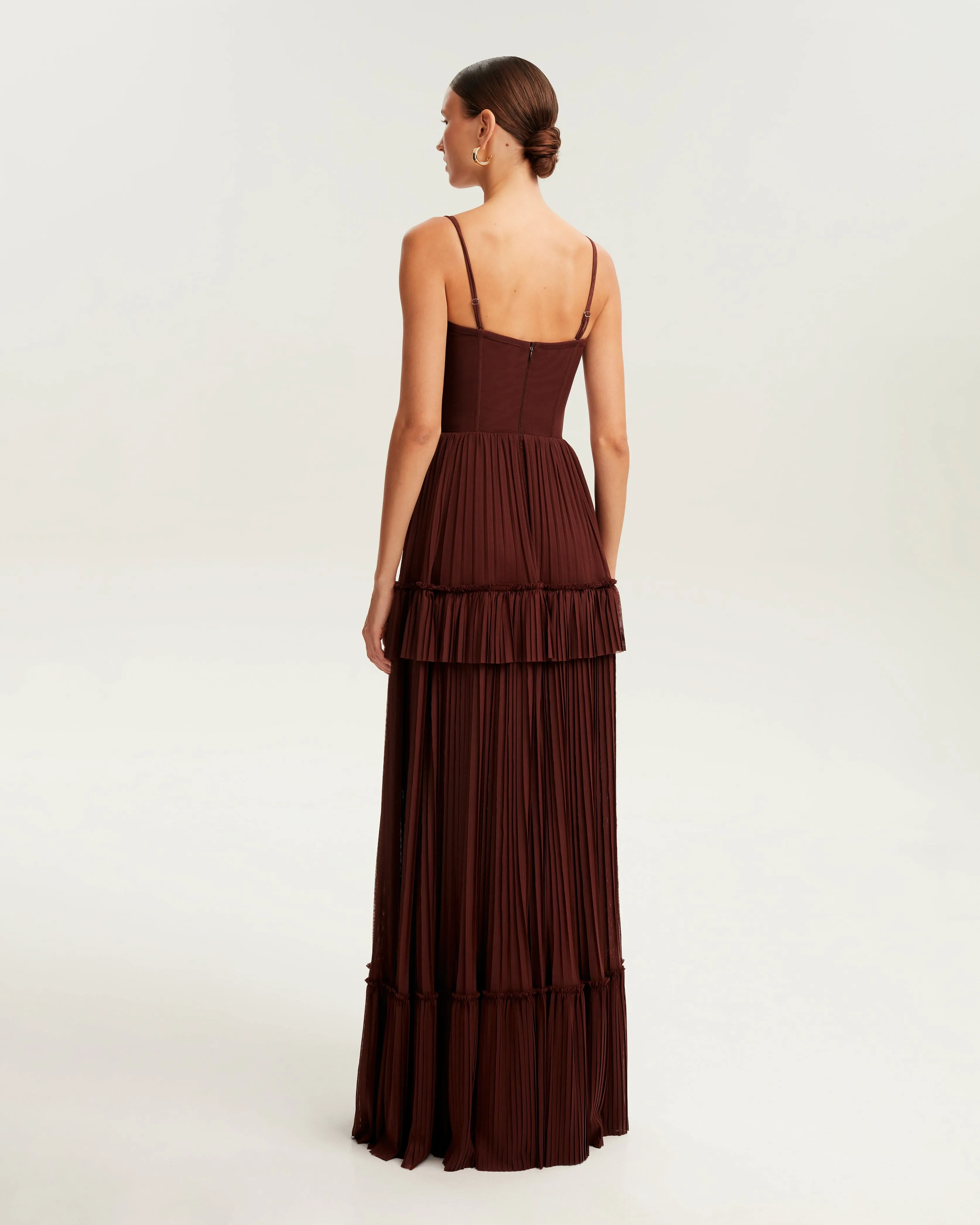 Chocolate spaghetti strap pleated maxi dress, Garden of Eden