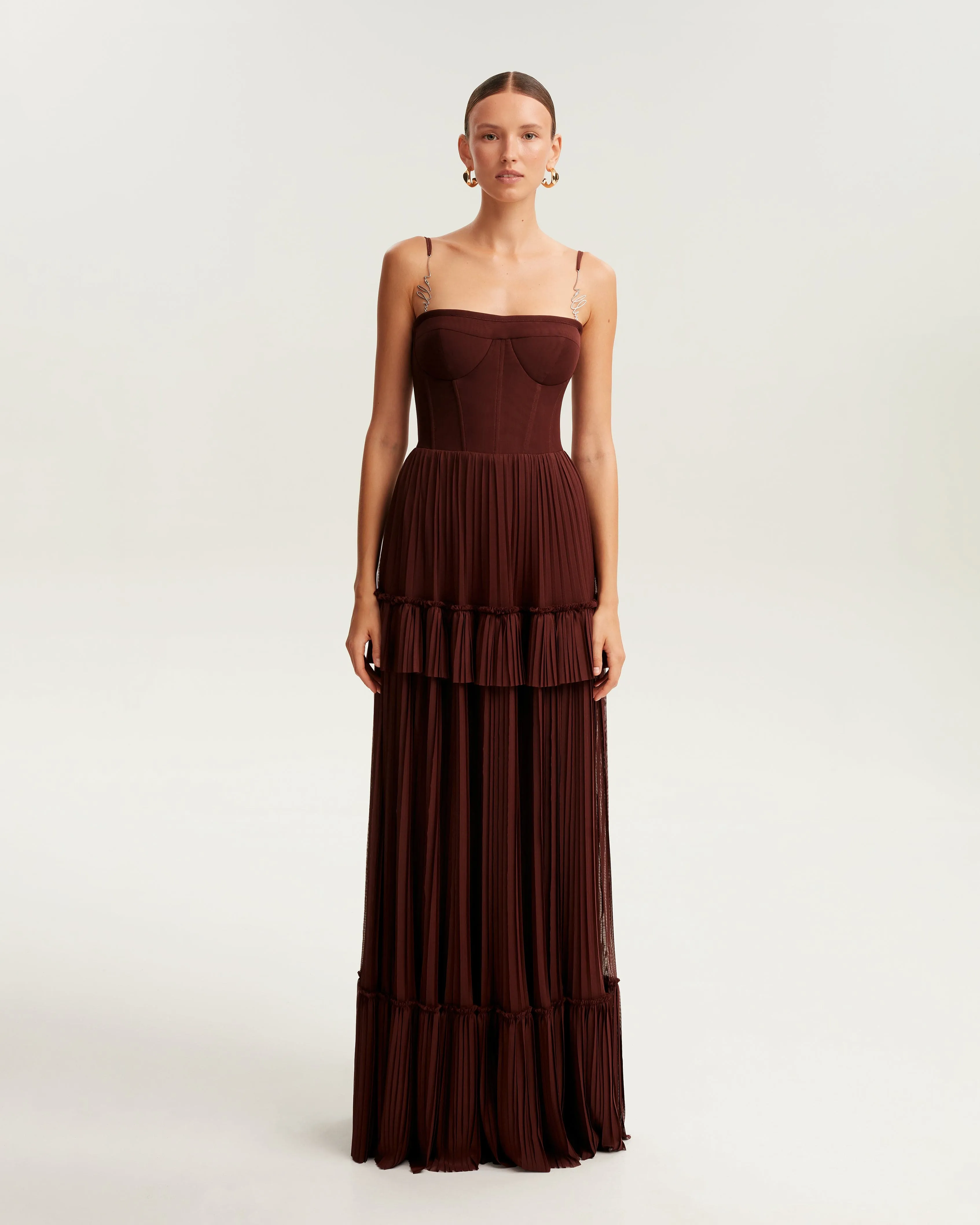 Chocolate spaghetti strap pleated maxi dress, Garden of Eden