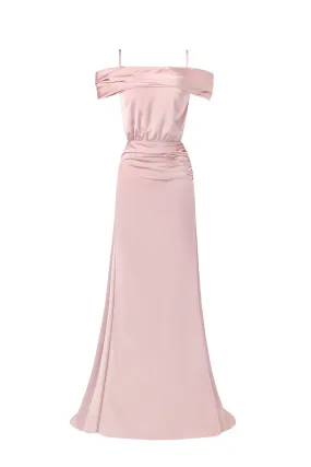 Elegant misty rose off-the-shoulder silk maxi dress