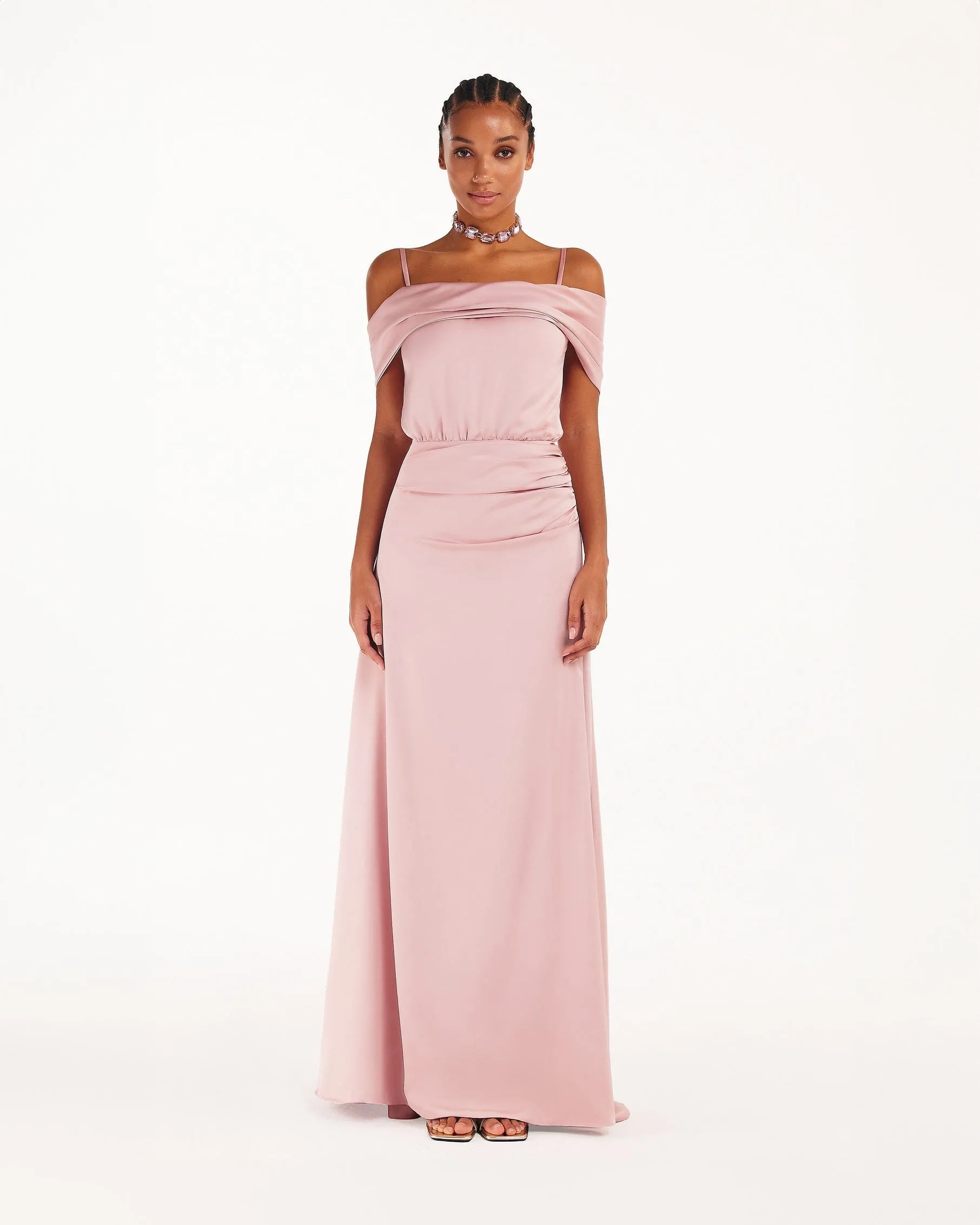 Elegant misty rose off-the-shoulder silk maxi dress