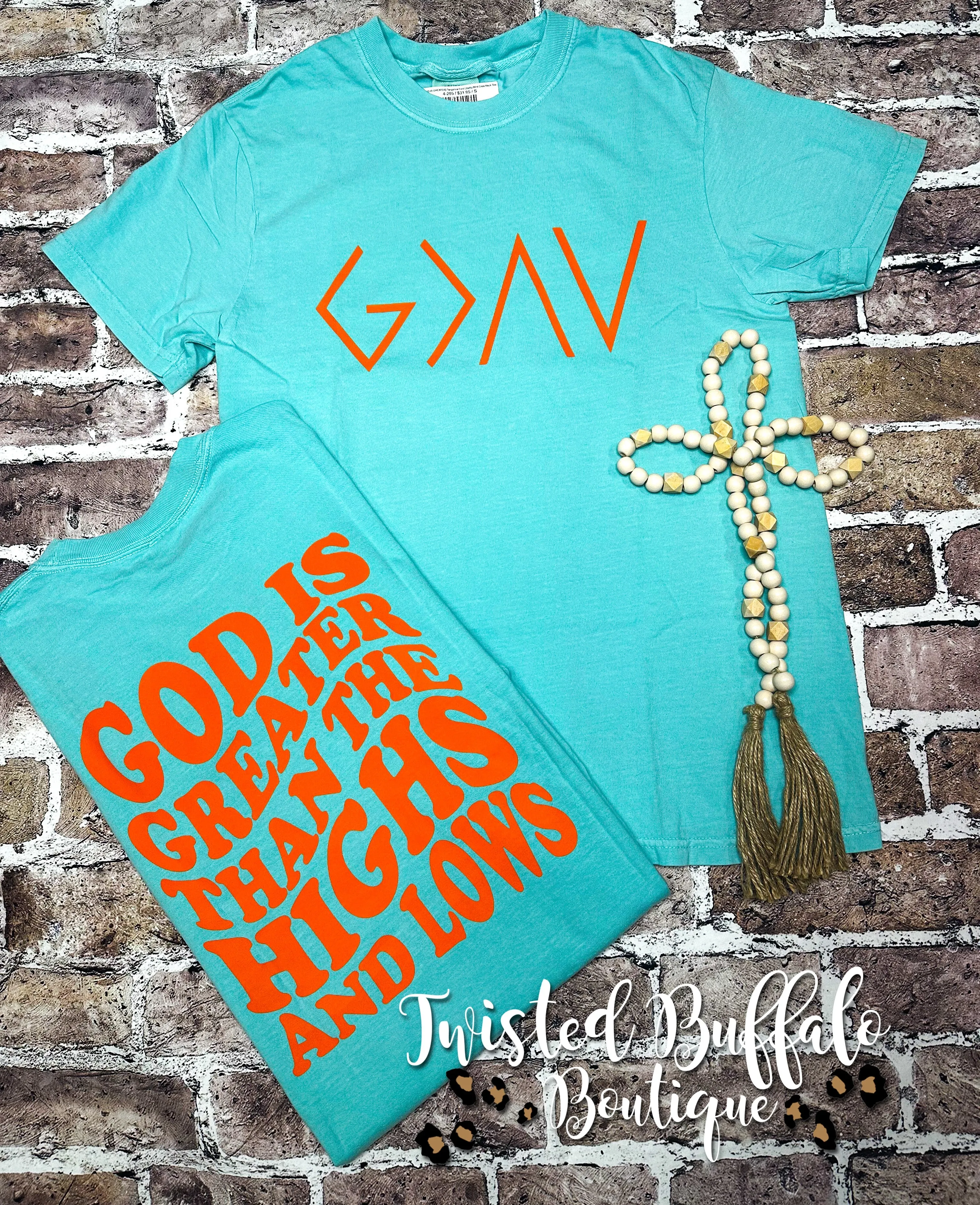 {GOD IS GREATER} Tangerine Font Chalky Mint Crew Neck Tee