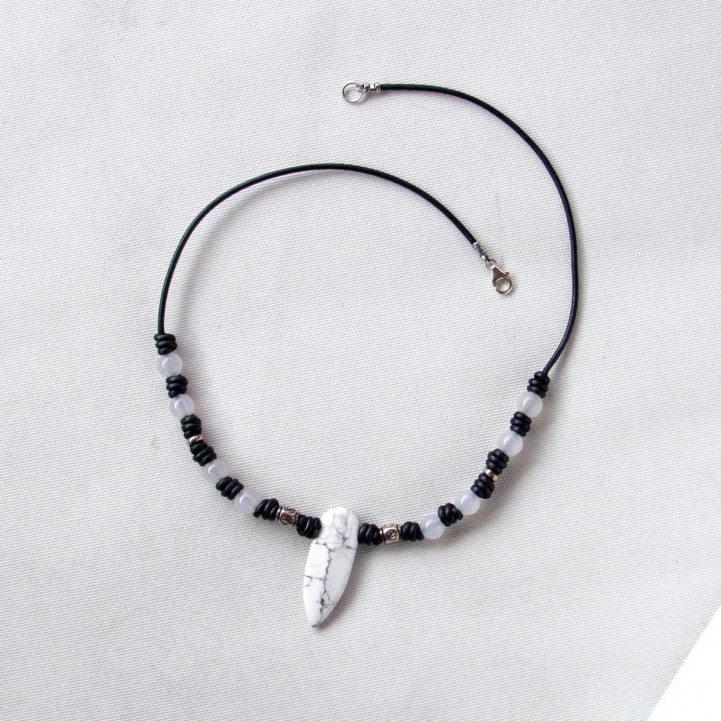 Howlite, White Agate gemstone with Sterling Silver Leather Necklace