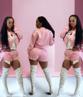 I’m High Maintenance Satin Crop Jacket ( Pink and White)