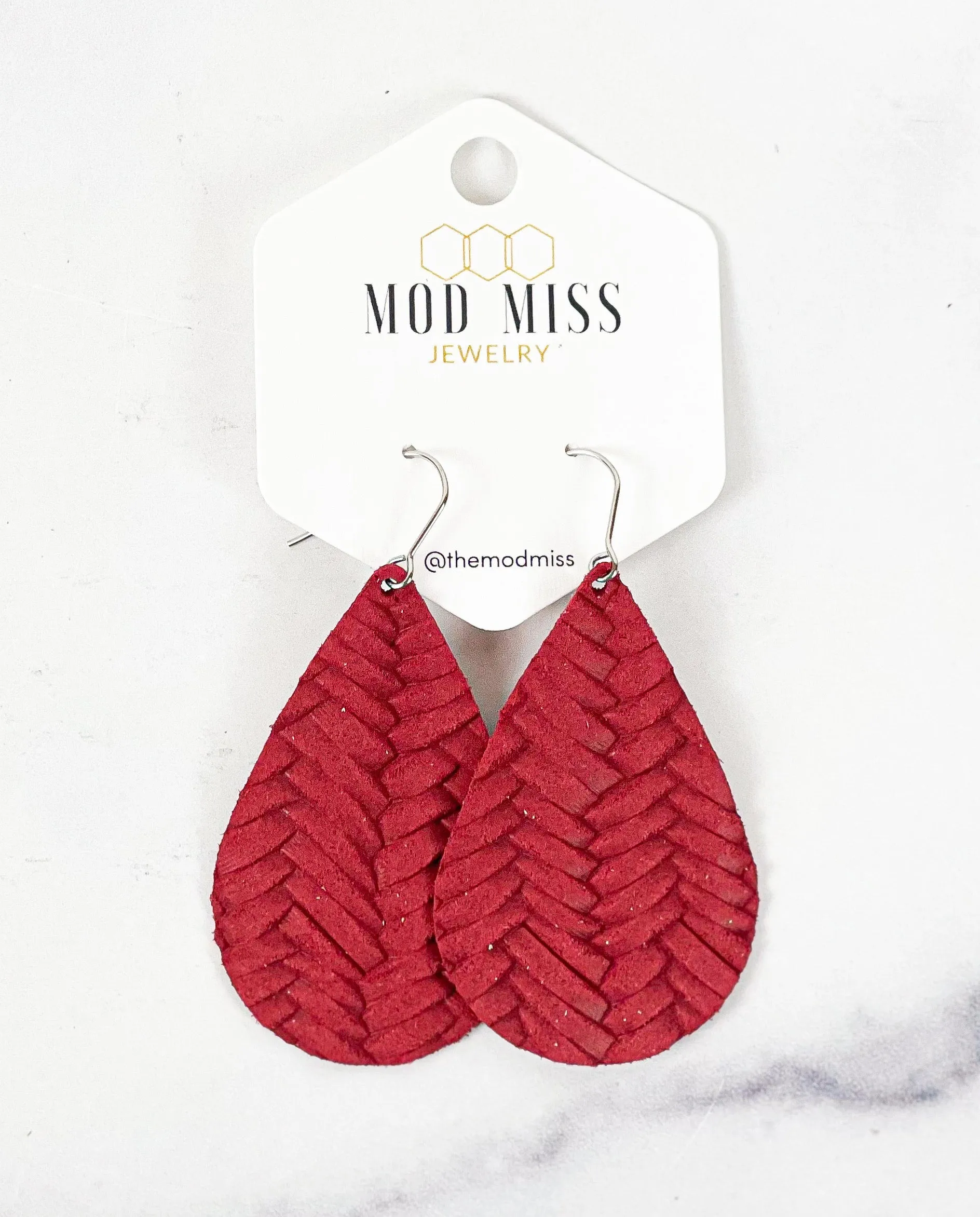 Leather Teardrop Earring Weaved Rust Red