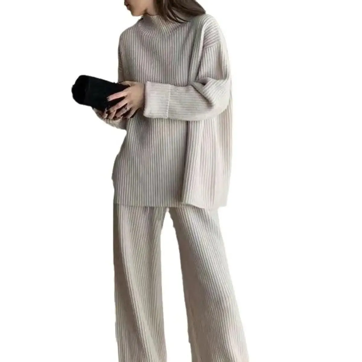 MS018 2 Piece Outfits Casual Loose Turtleneck Long Sleeve Knit Top and Wide Leg Pants