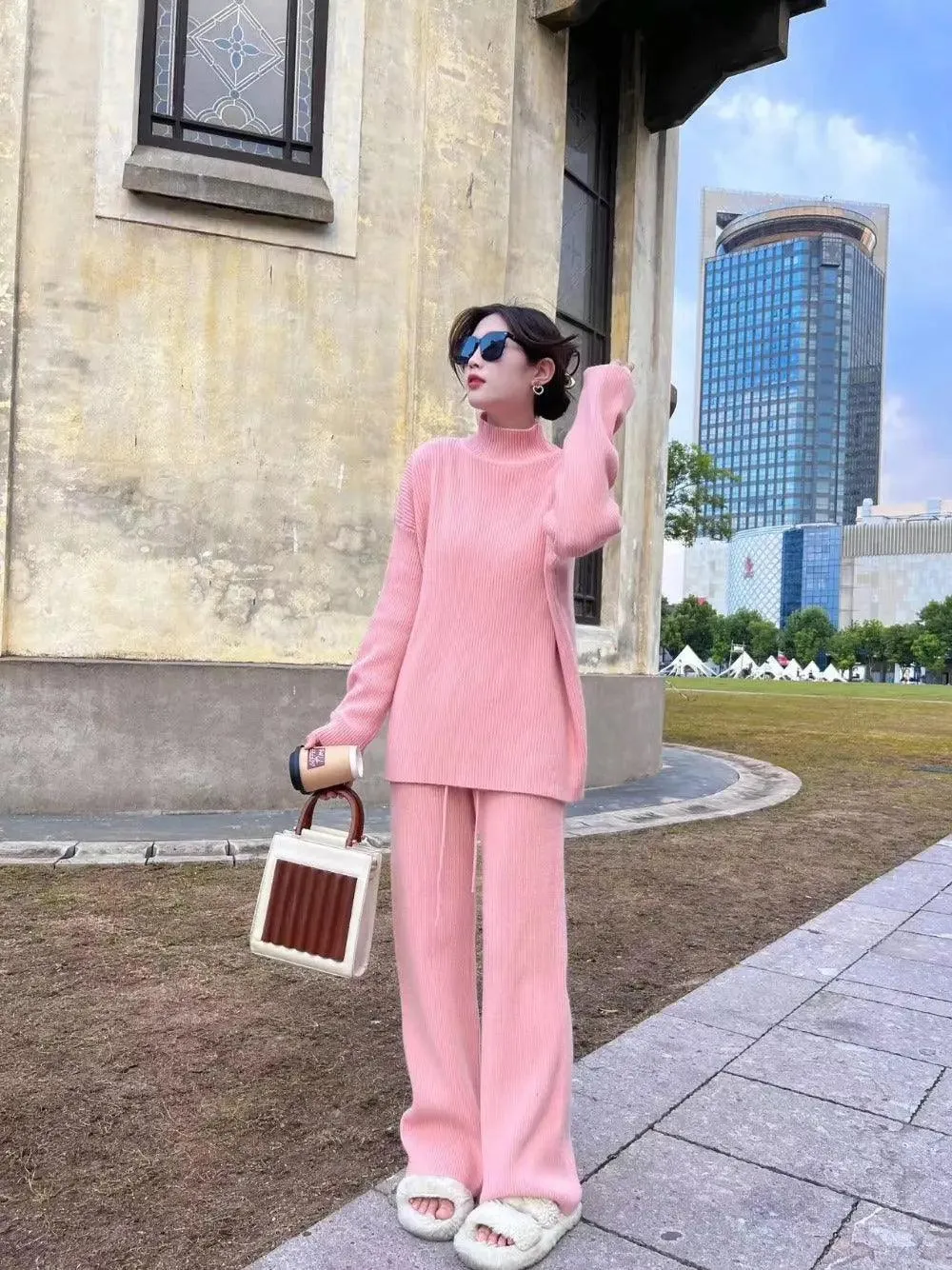 MS018 2 Piece Outfits Casual Loose Turtleneck Long Sleeve Knit Top and Wide Leg Pants