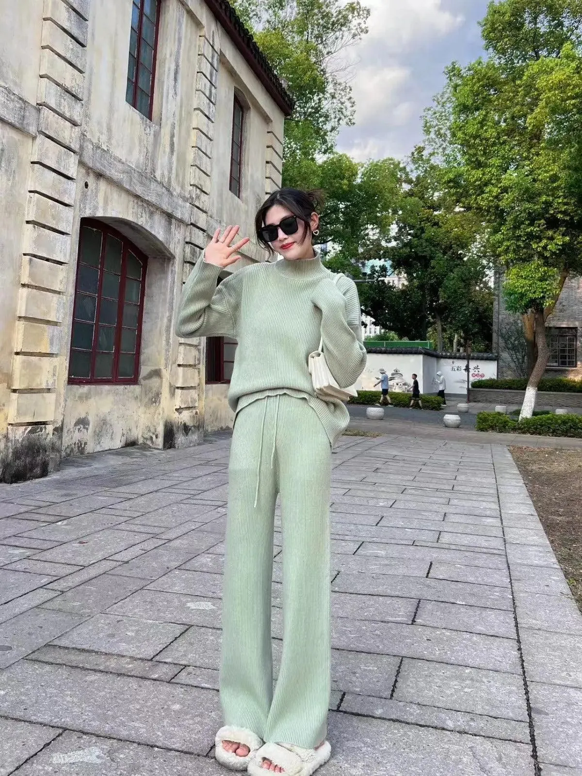 MS018 2 Piece Outfits Casual Loose Turtleneck Long Sleeve Knit Top and Wide Leg Pants