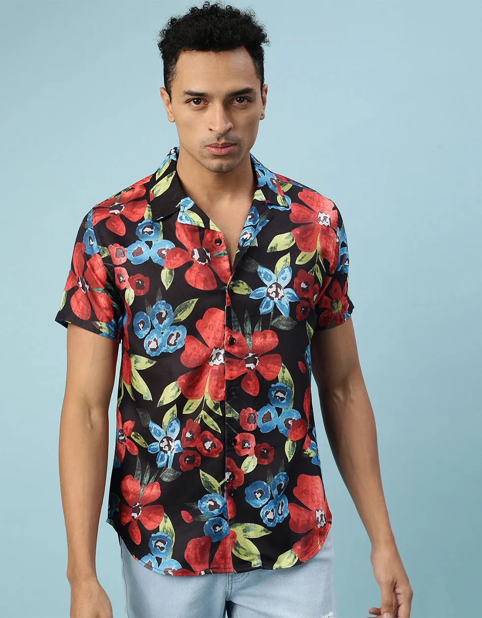 Navy Floral Printed Casual Shirt