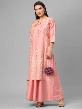 Pink Ornamental Printed Kurta With Skirt