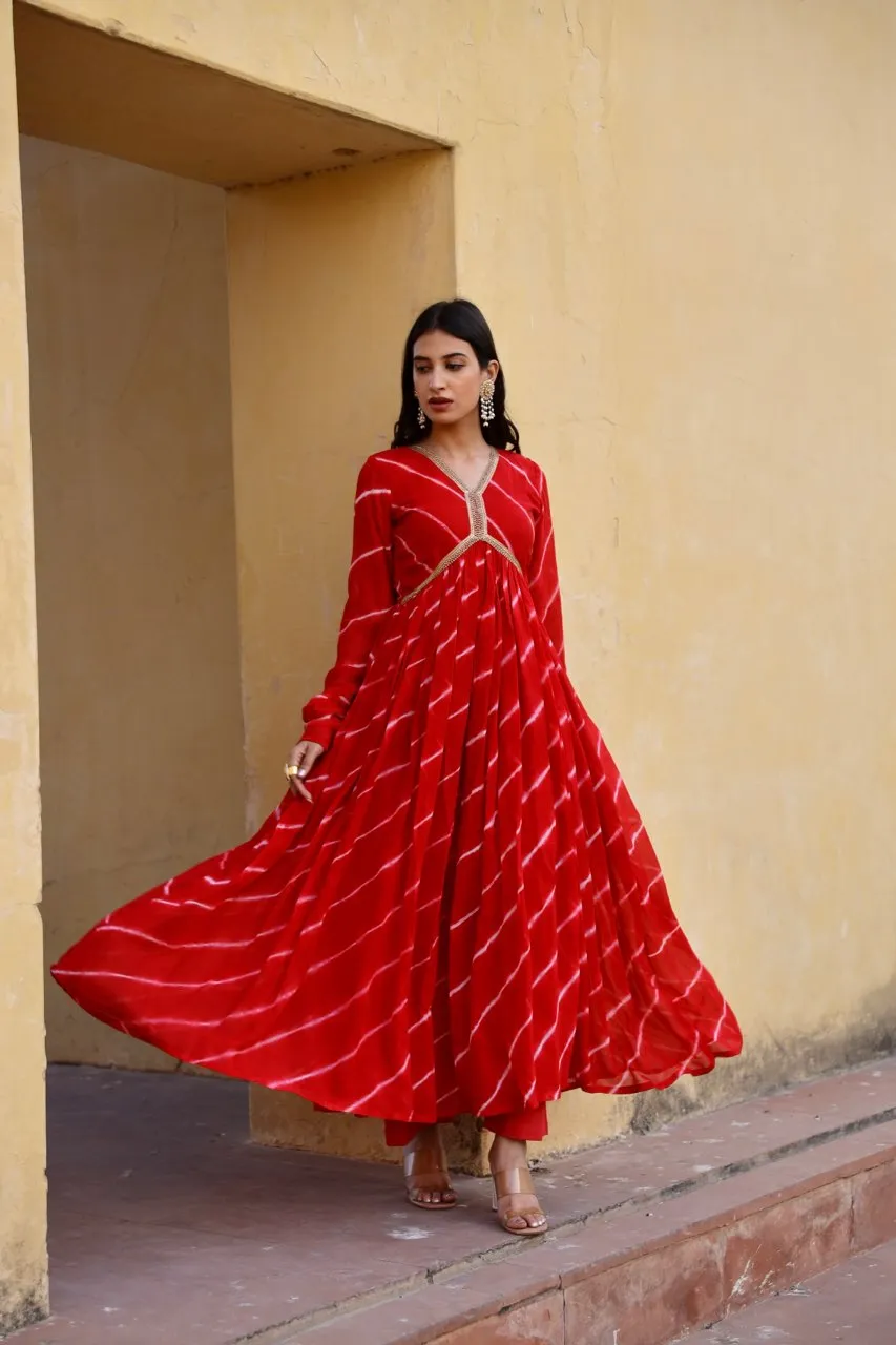 Red tie and dye lehariya anarkali