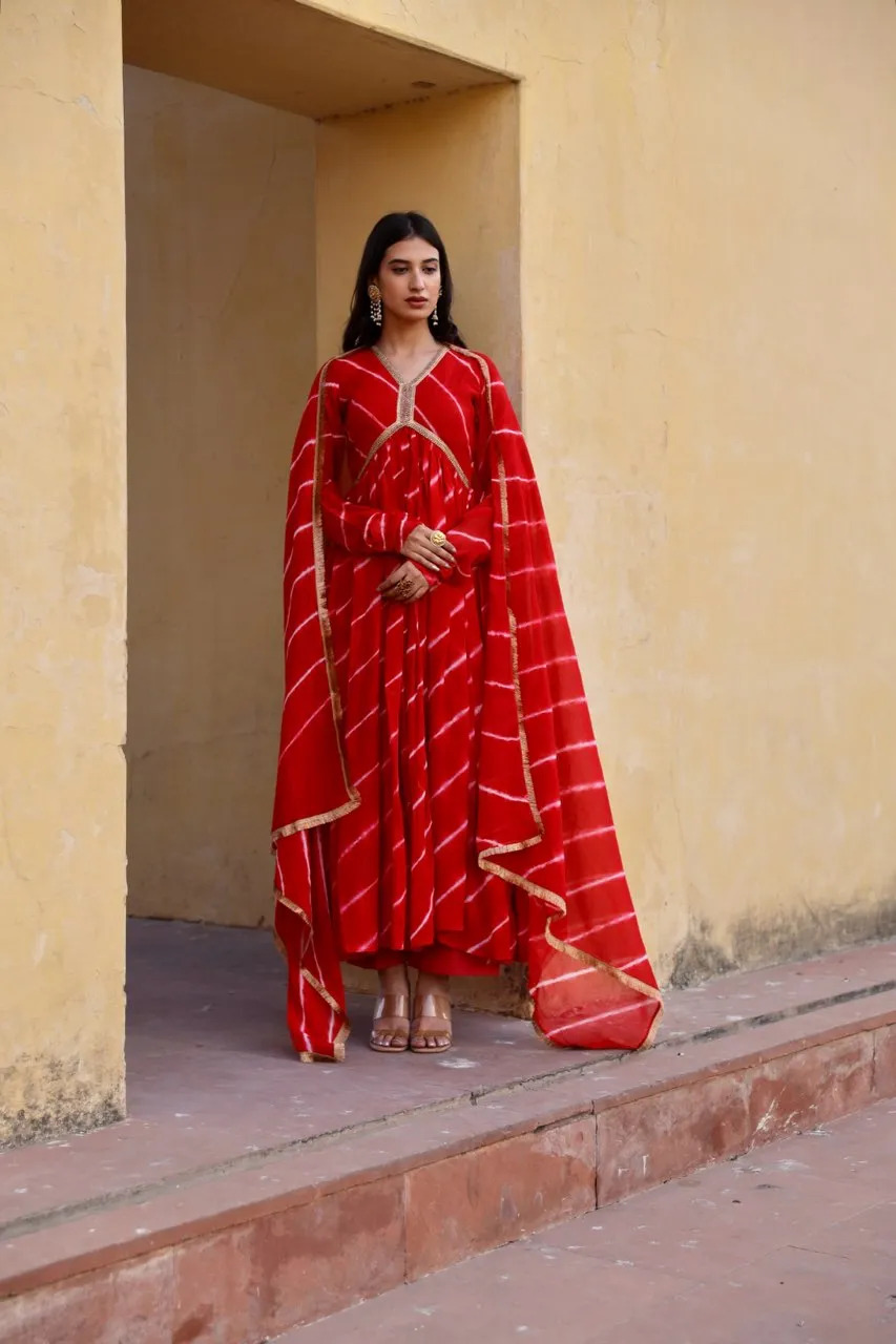 Red tie and dye lehariya anarkali