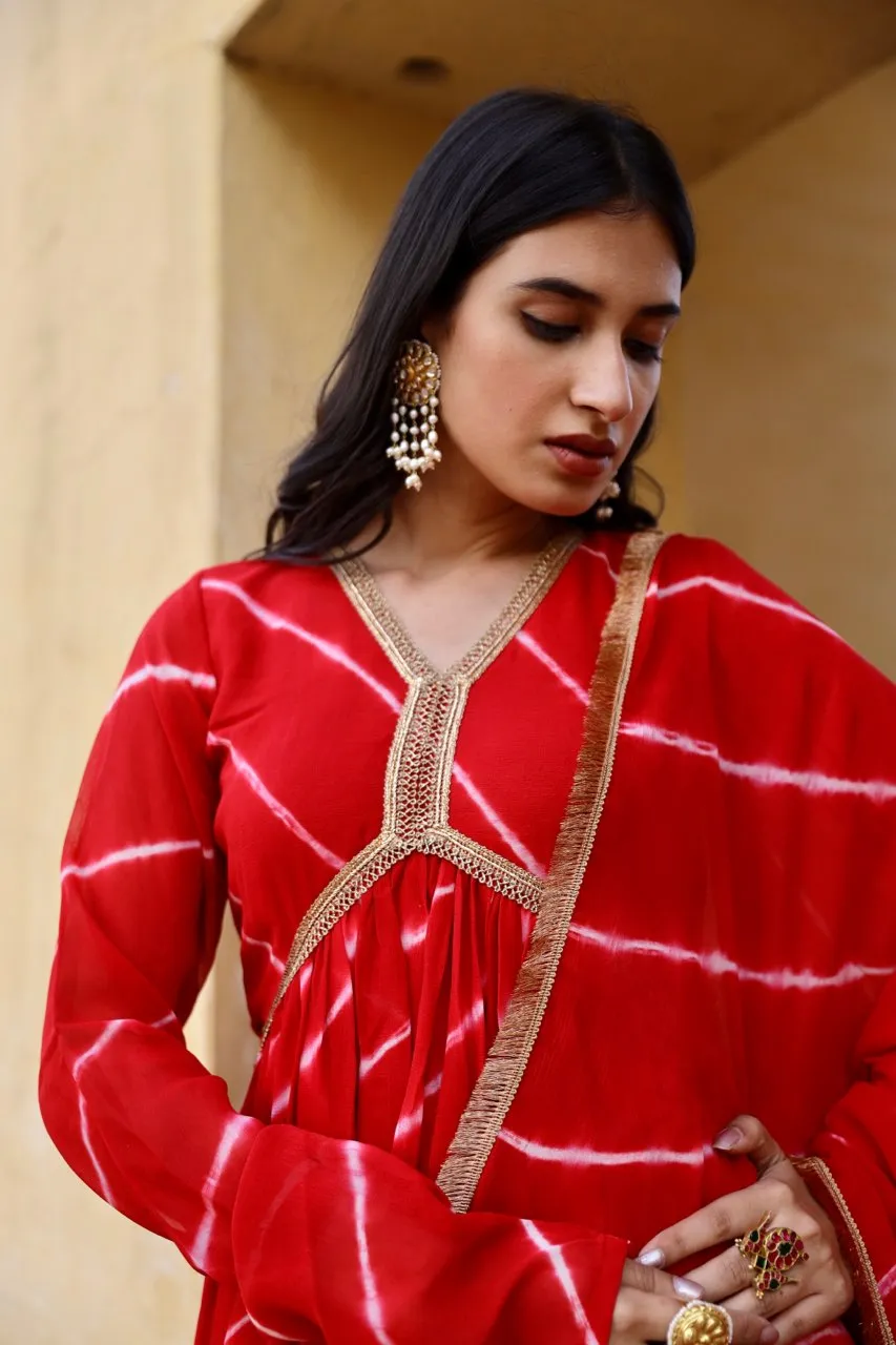 Red tie and dye lehariya anarkali