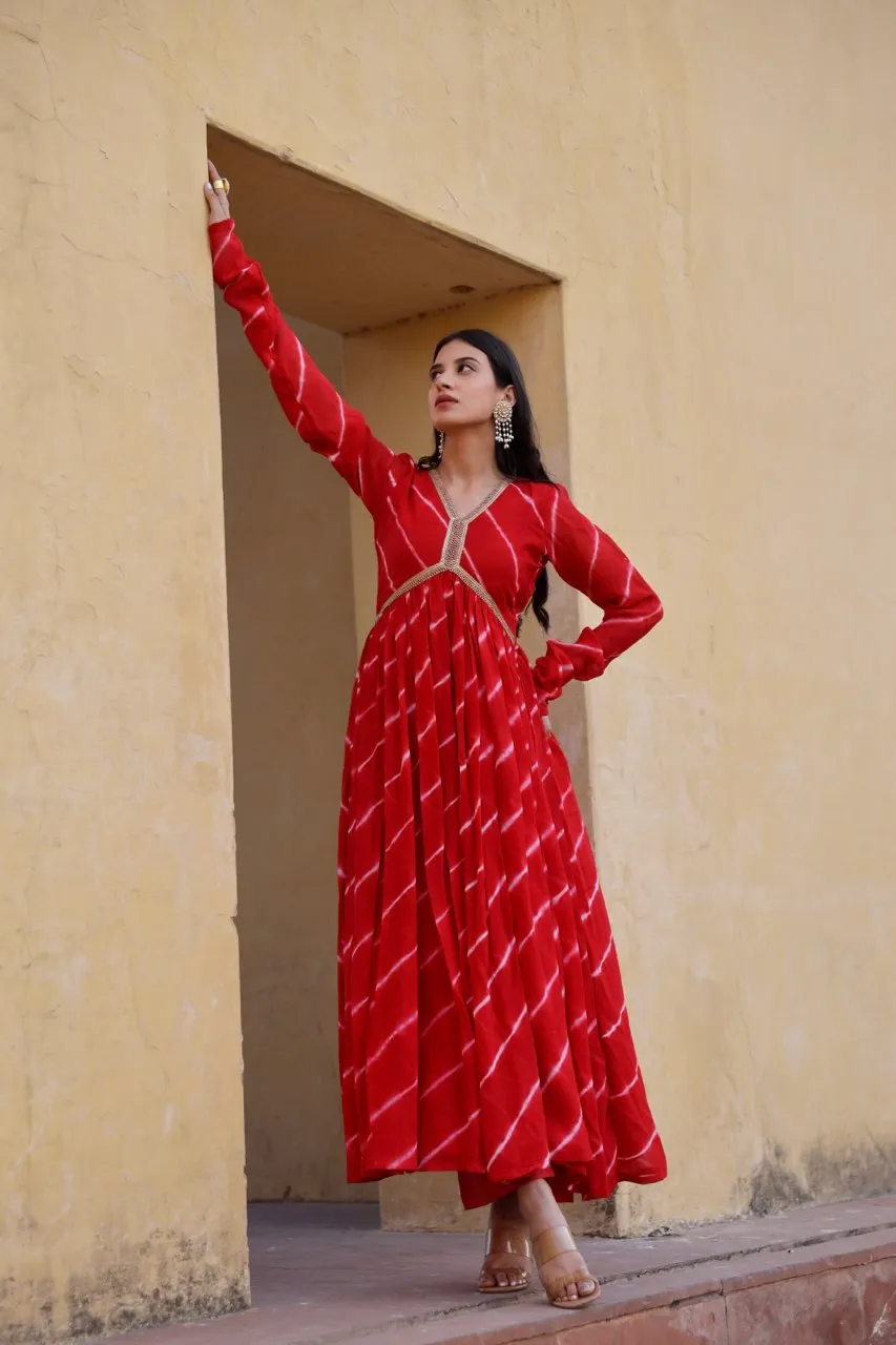 Red tie and dye lehariya anarkali