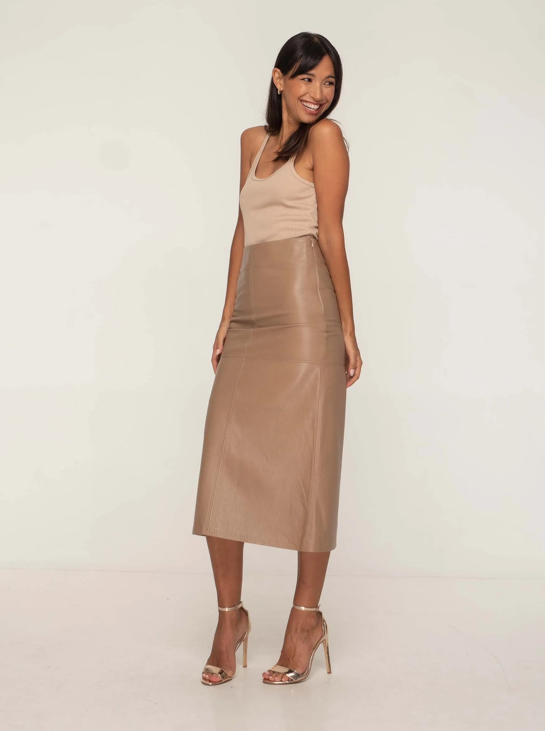 SIENNA LEATHER MAXI SKIRT - SESAME