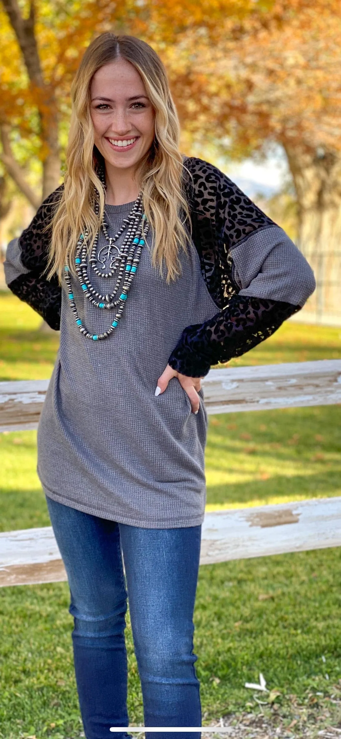 The Black Cheetah Burnout Sleeve Waffle Top