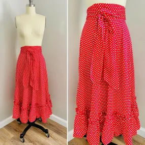 Vintage 1950s Red Polka Dot Cotton Maxi Skirt / 50s Serbin long peasant skirt Size S