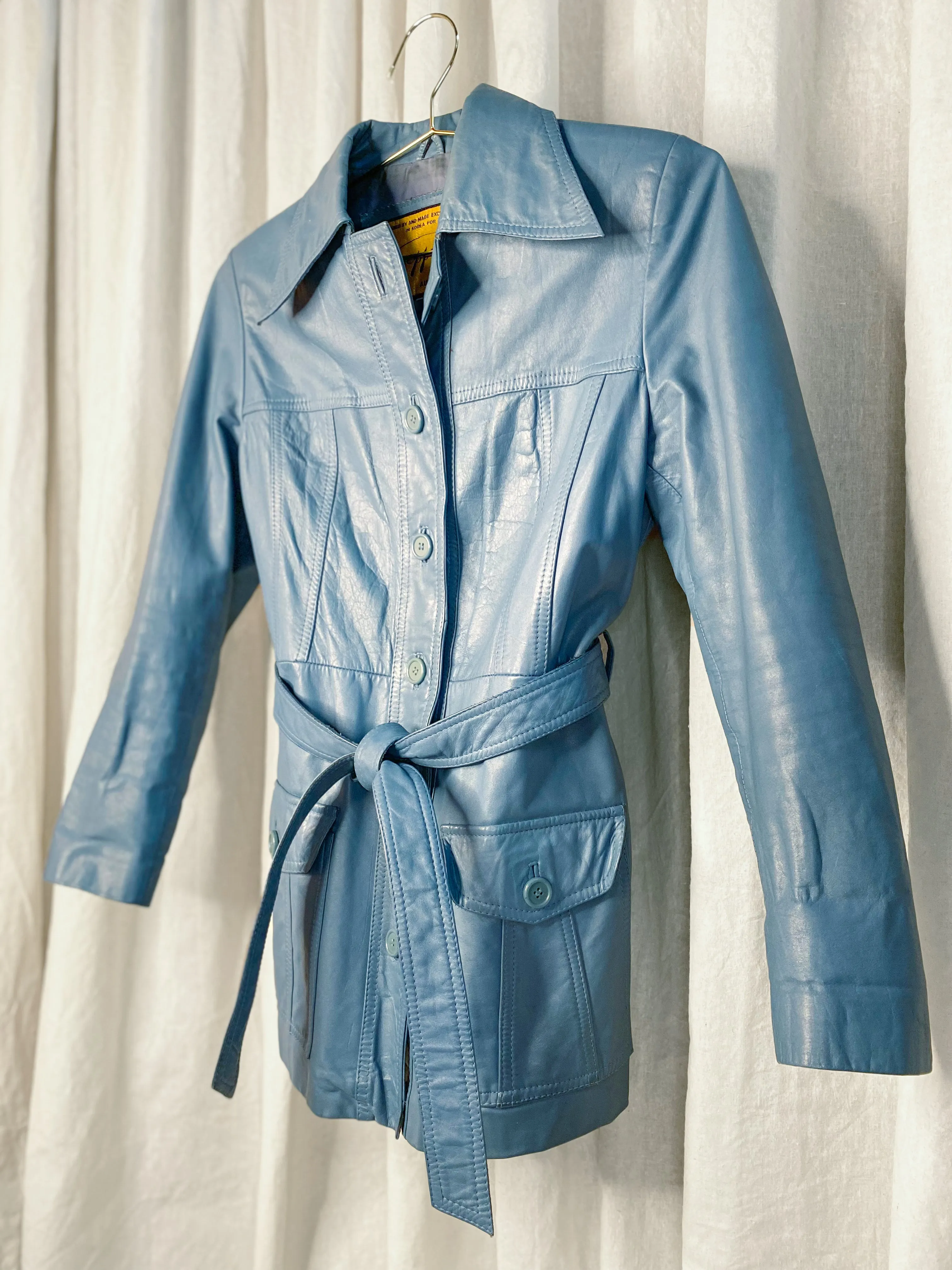 VINTAGE LEATHER JACKET [ Sky Blue, Size Small ]