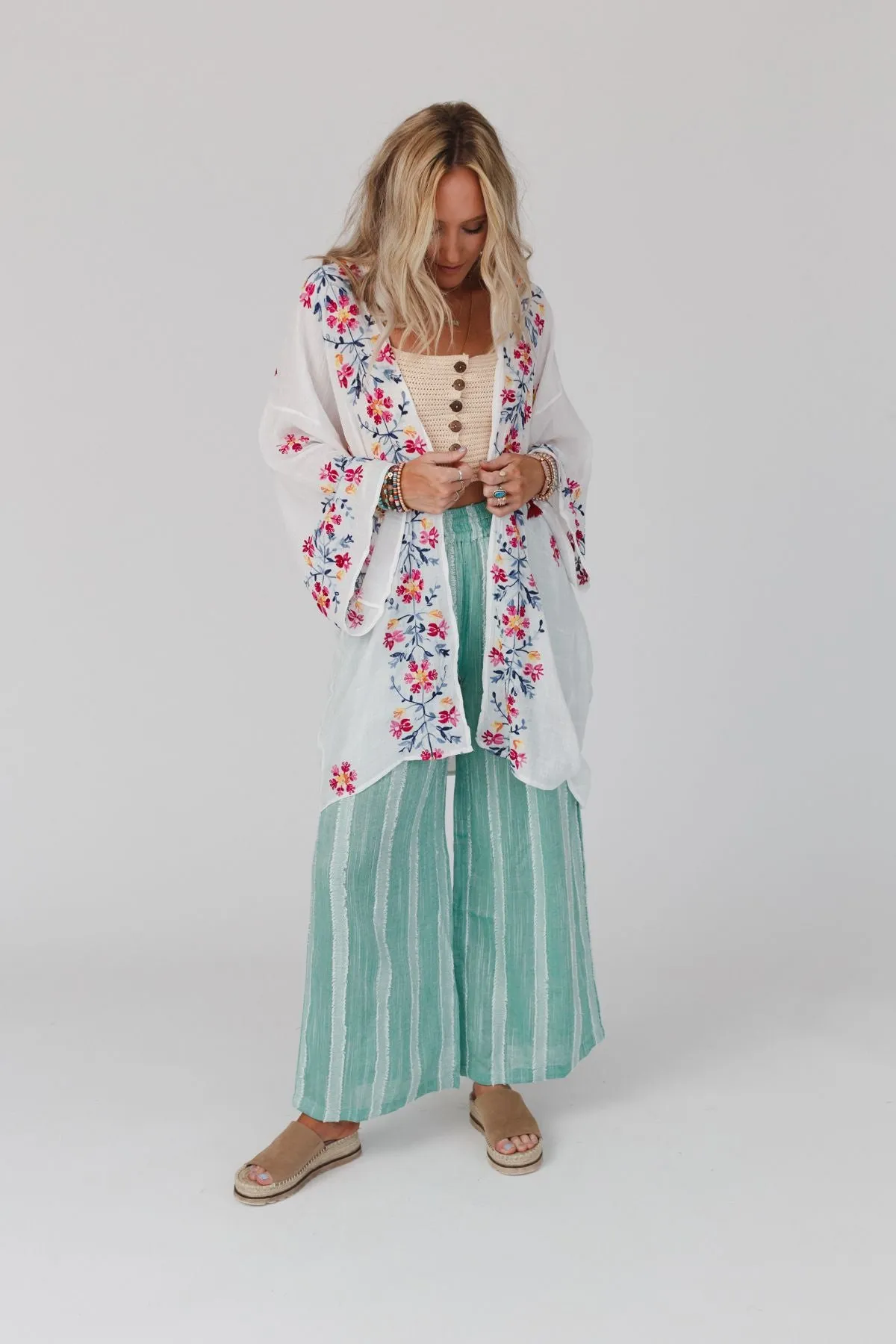 Waikiki Beach Embroidered Kimono - White