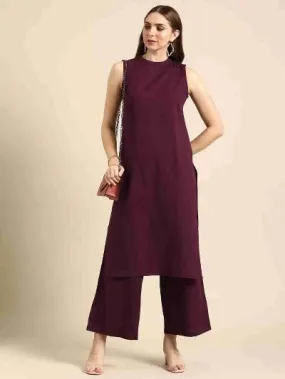 Wine Solid Rayon Casual Wear Kurti Pant Set Of 2