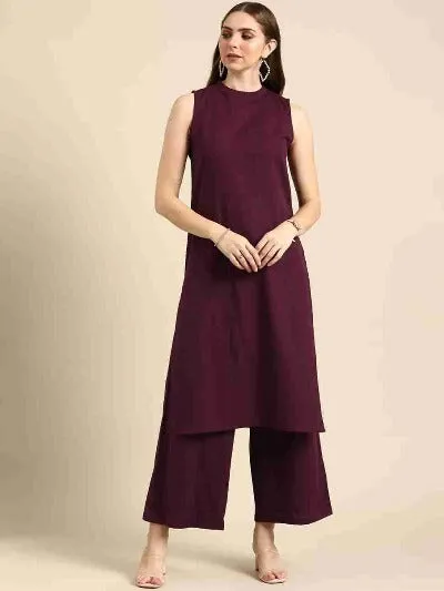 Wine Solid Rayon Casual Wear Kurti Pant Set Of 2