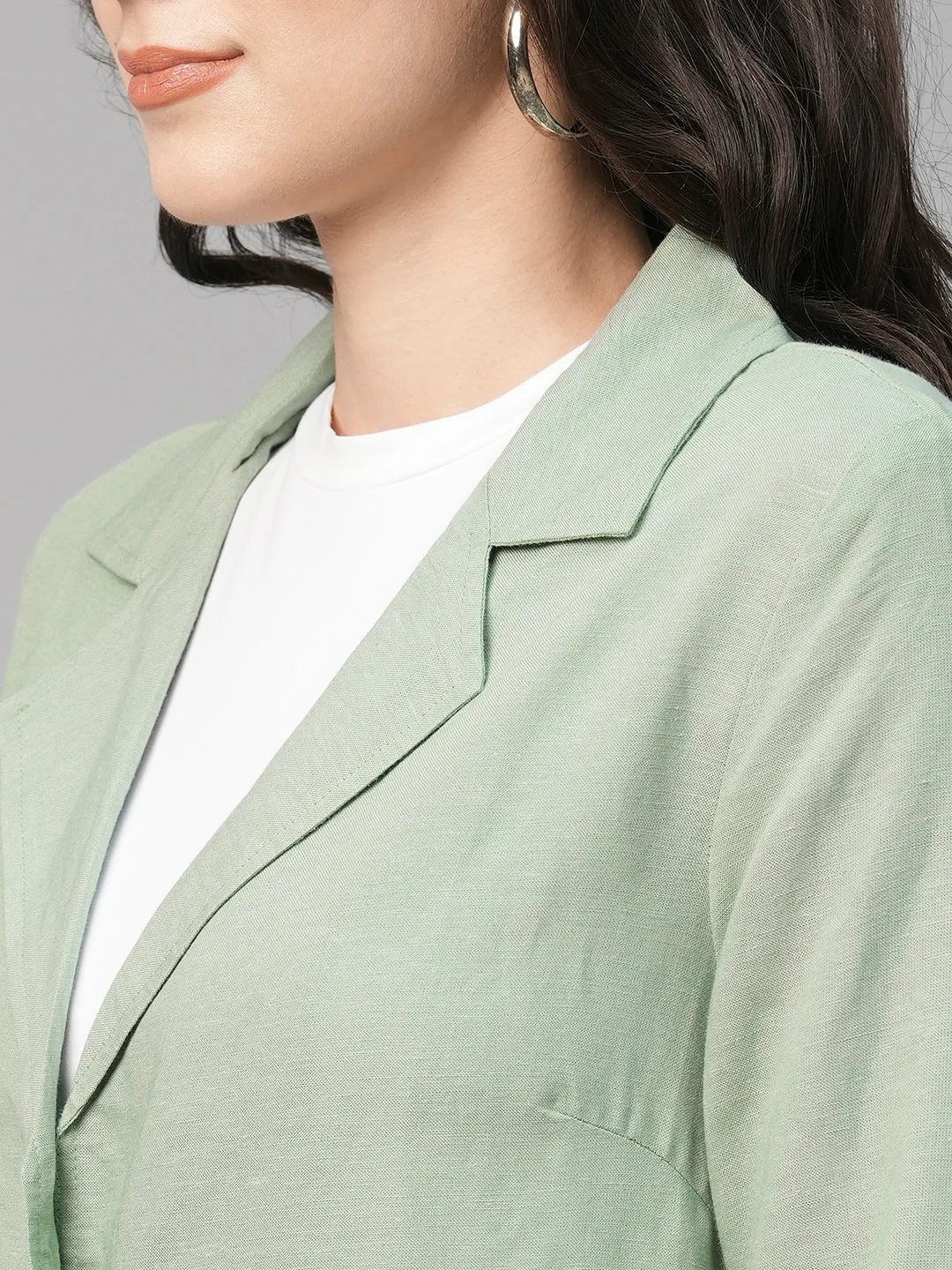 Women's Green Viscose Linen Cotton Regular Fit Jacket