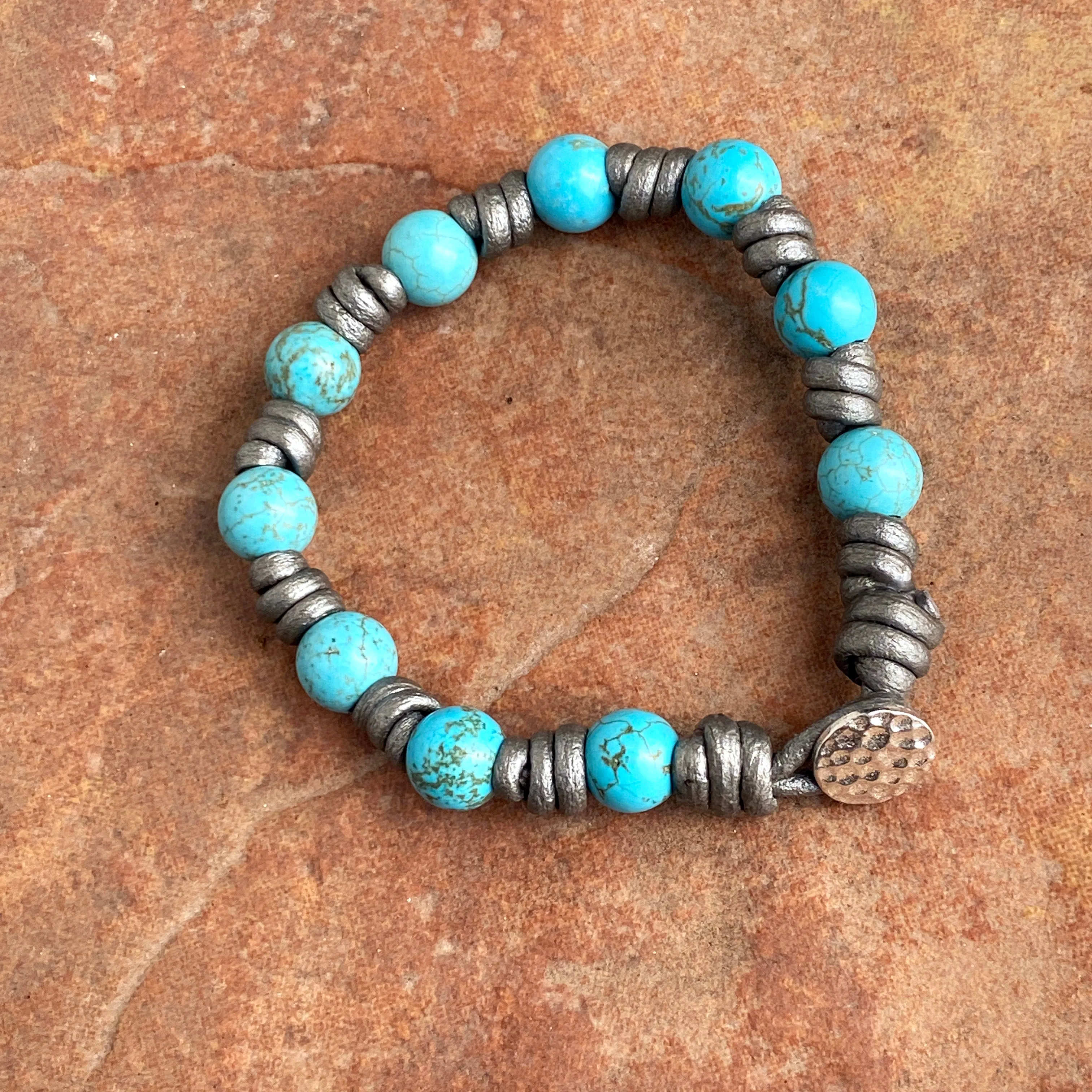 Women’s hand knotted Leather and Metal Howlite Gemstone bracelet