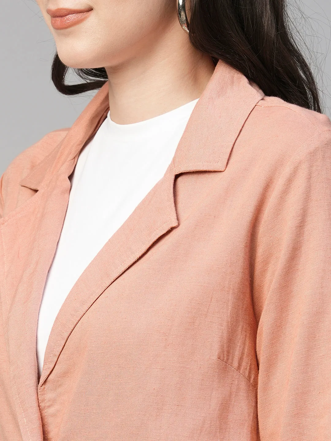 Women's Peach Viscose Linen Cotton Regular Fit Jacket