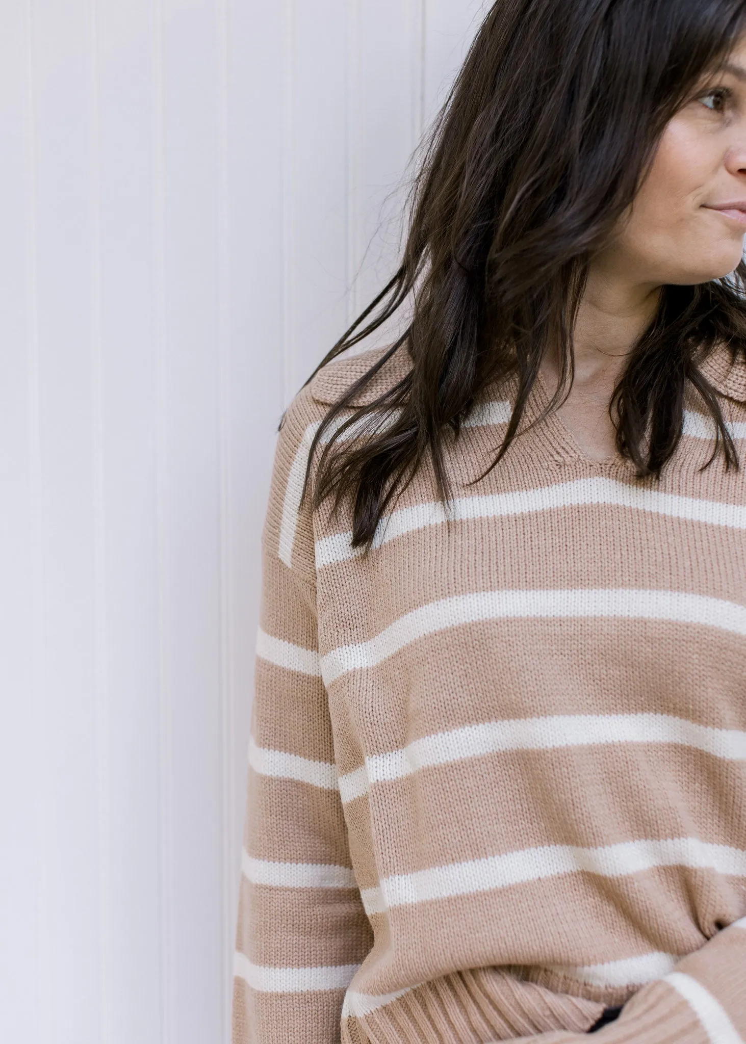 X Camel Striped Collared Sweater