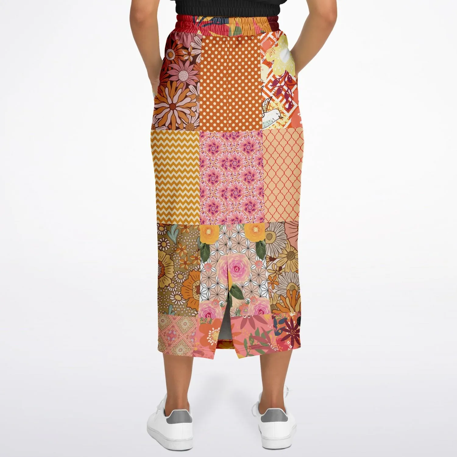 Yogananda Red Floral Patchwork Eco-Poly Long Pocket Skirt